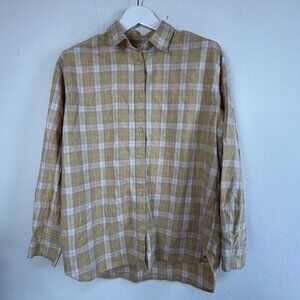 Uniqlo Womens Yellow & White Plaid Long Sleeve Button-Down Shirt Large Cotton